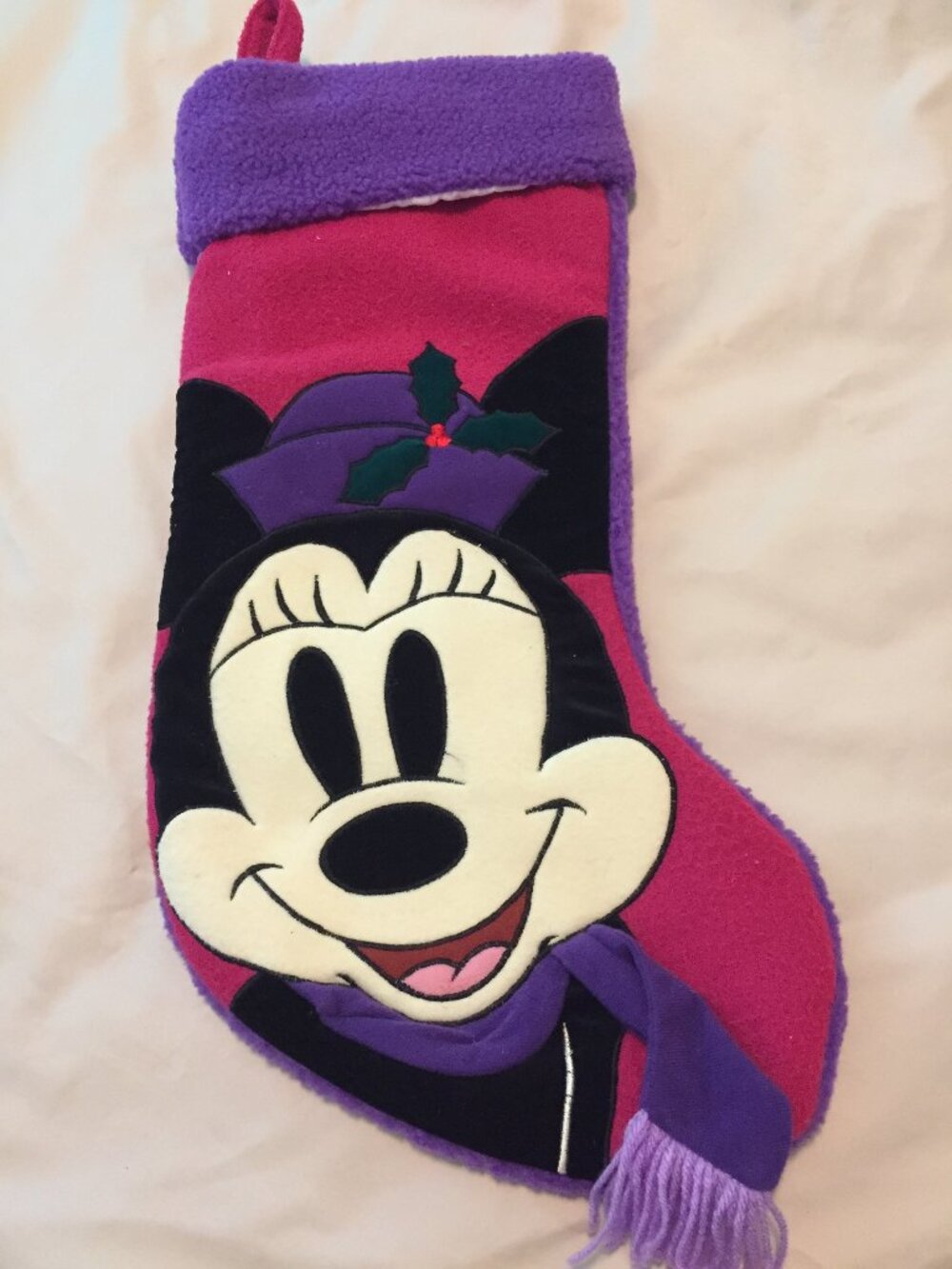 Vtg Disney Store Minnie Mouse Christmas Stocking 19” Fleece Purple Scarf Pink 3D